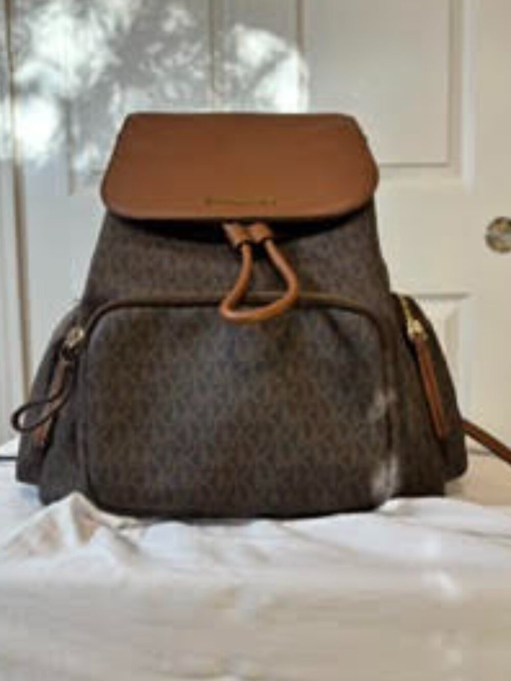 Michael Kors Jet Set Large Flap Book Backpack Brown Monogram Tan Leather